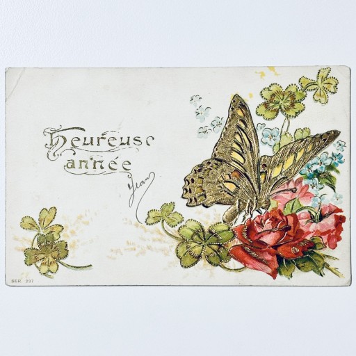 vintage postcard （rose & butterfly） - Dans La Nuit - antique